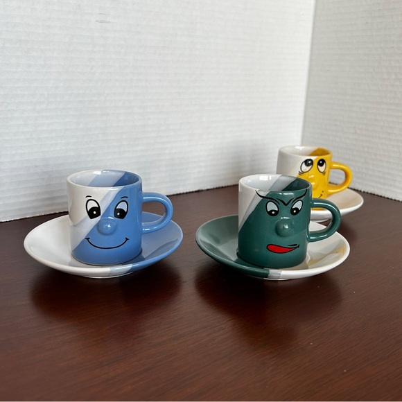 Set of 3 Yably Colourful Funny Face Expresso Cups and Saucers - Picture 2 of 12